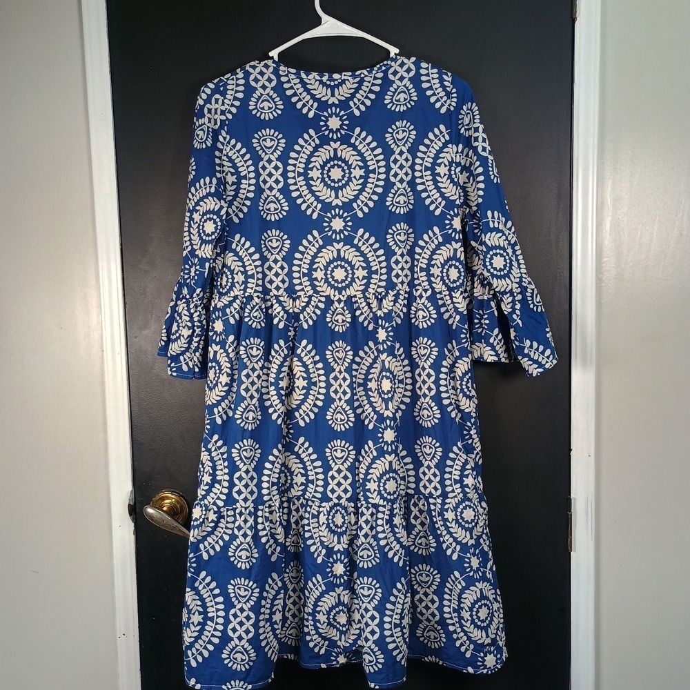 SAIPH Boho Flowy Tiered blue White V Neck Cotton Lightweight 3/4 Sleeve Dress - Picture 6 of 7